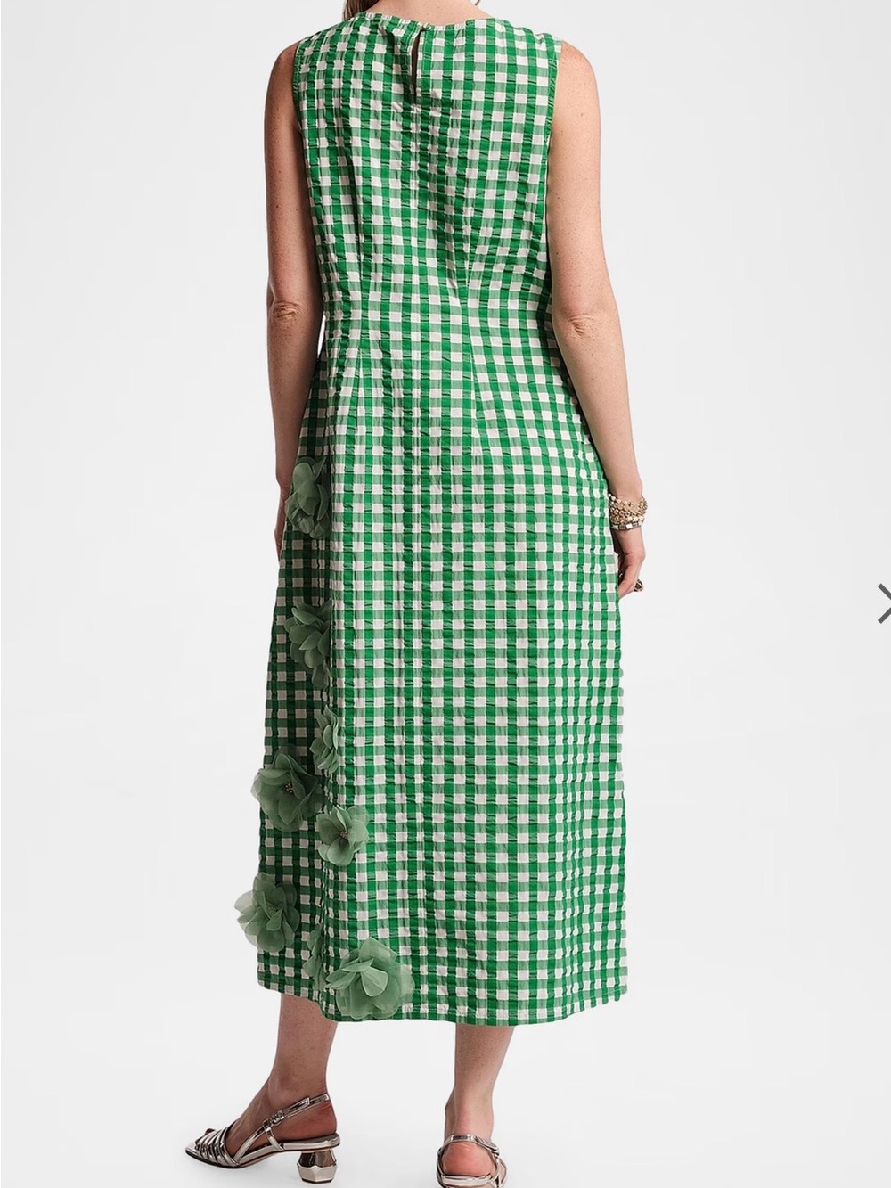 Frances Valentine Green Gingham Midi Dress with 3D Floral Appliqués - Picture 3 of 7